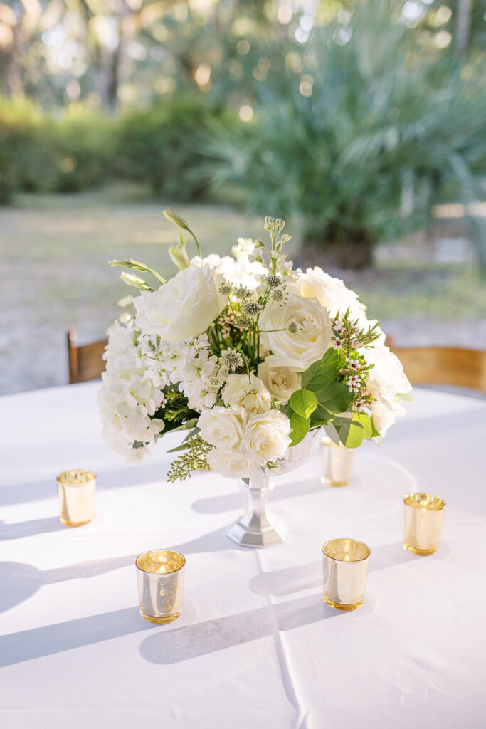 Florals on a table at a wedding.