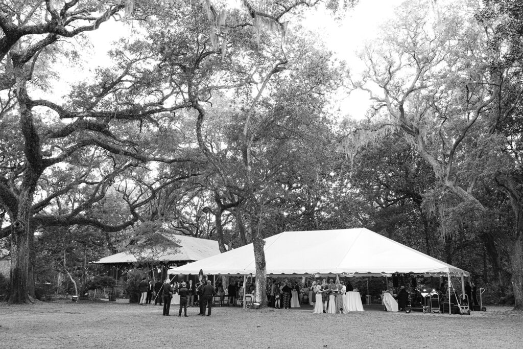 Tented reception photo in black and white.